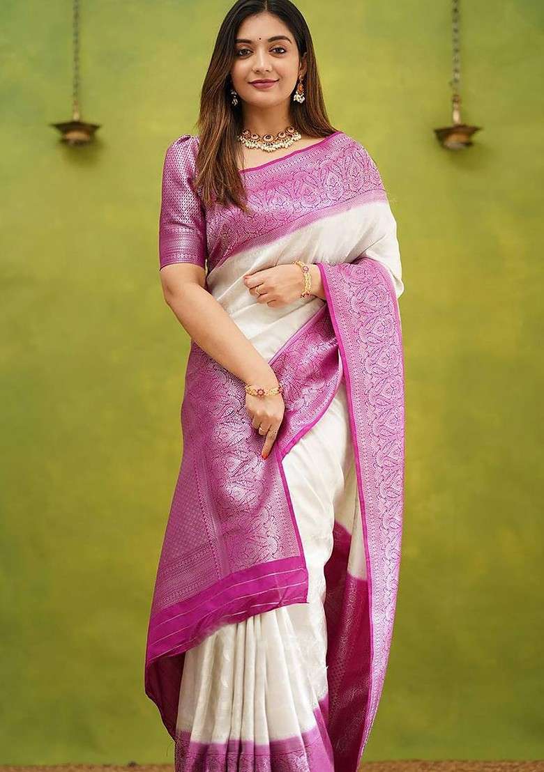 White Blended Saree Set with Embroidered for Diwali | Wedding & Festive Wear - Indya
