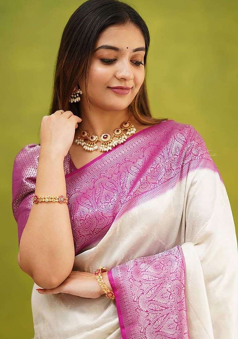 White Blended Saree Set with Embroidered for Diwali | Wedding & Festive Wear - Indya