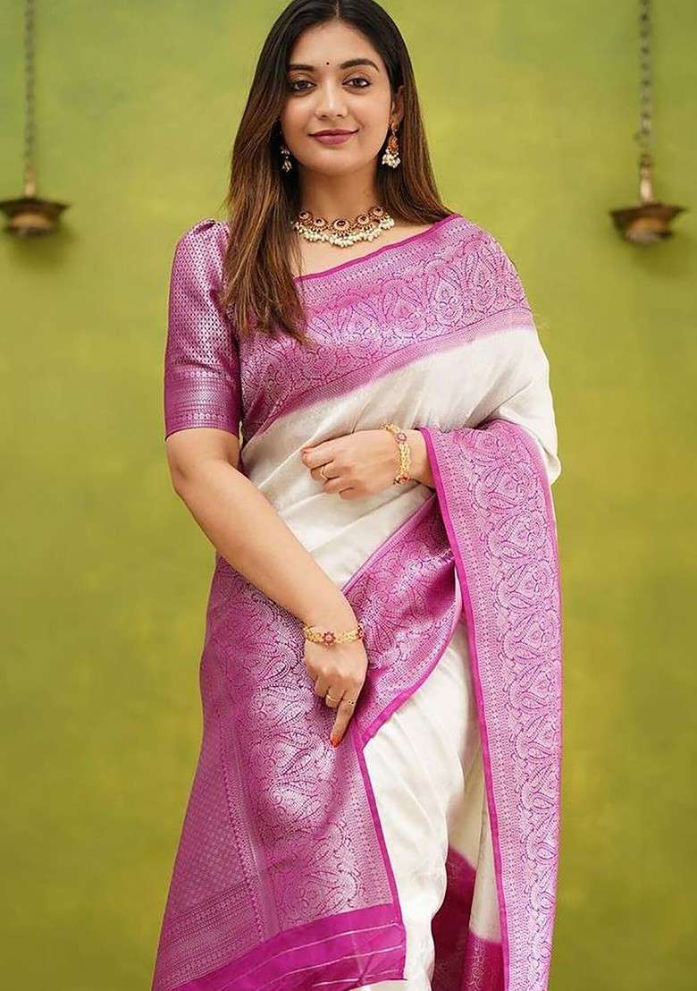 White Blended Saree Set with Embroidered for Diwali | Wedding & Festive Wear - Indya