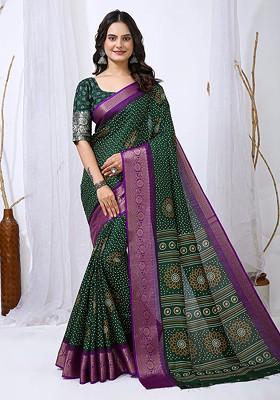 Green Embroidered Blended Saree Set