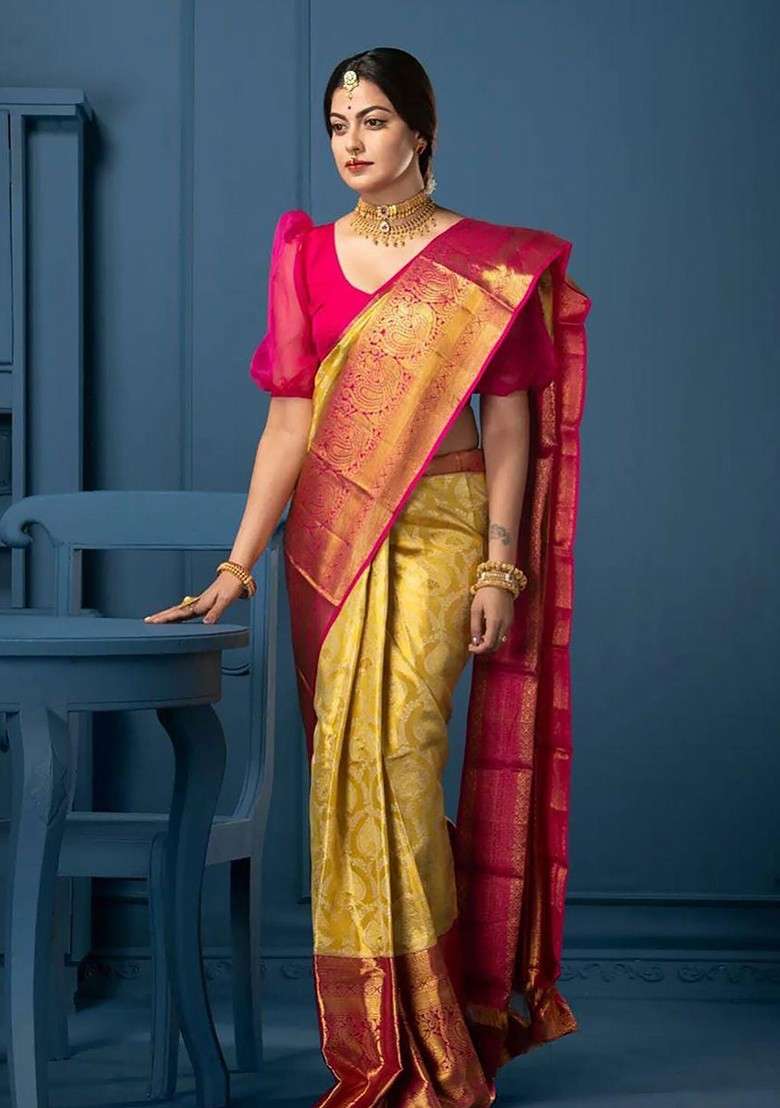 Yellow Jacquard Blended Saree Set for Diwali and Festive Wear - Indya