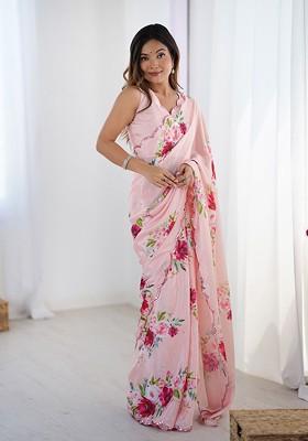 Pink Printed Blended Saree Set