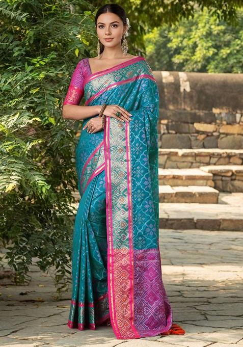 Blue Embroidered Blended Saree Set