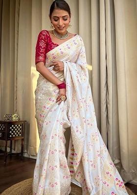 White Embroidered Blended Saree Set
