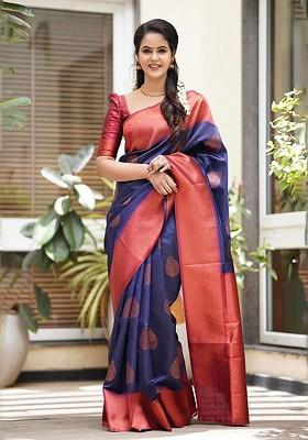 Navy Blue Embroidered Blended Saree Set