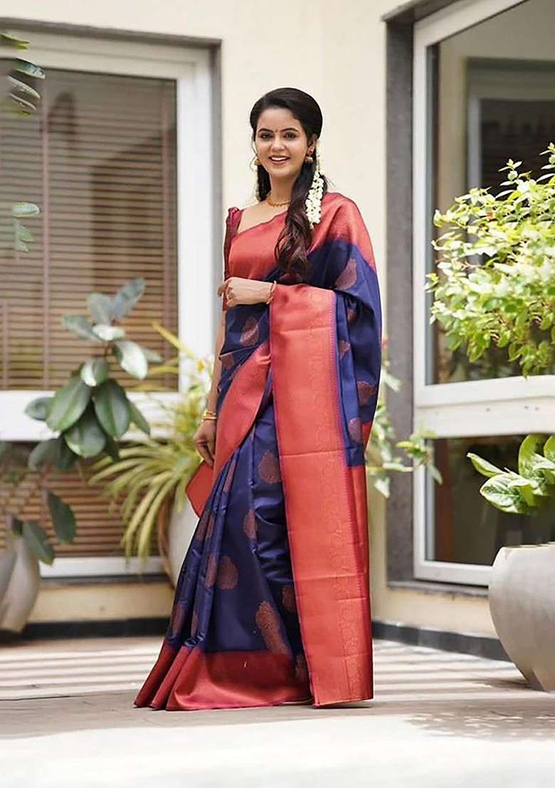 Navy Blue Blended Saree Set with Embroidered for Diwali | Wedding & Festive Wear - Indya