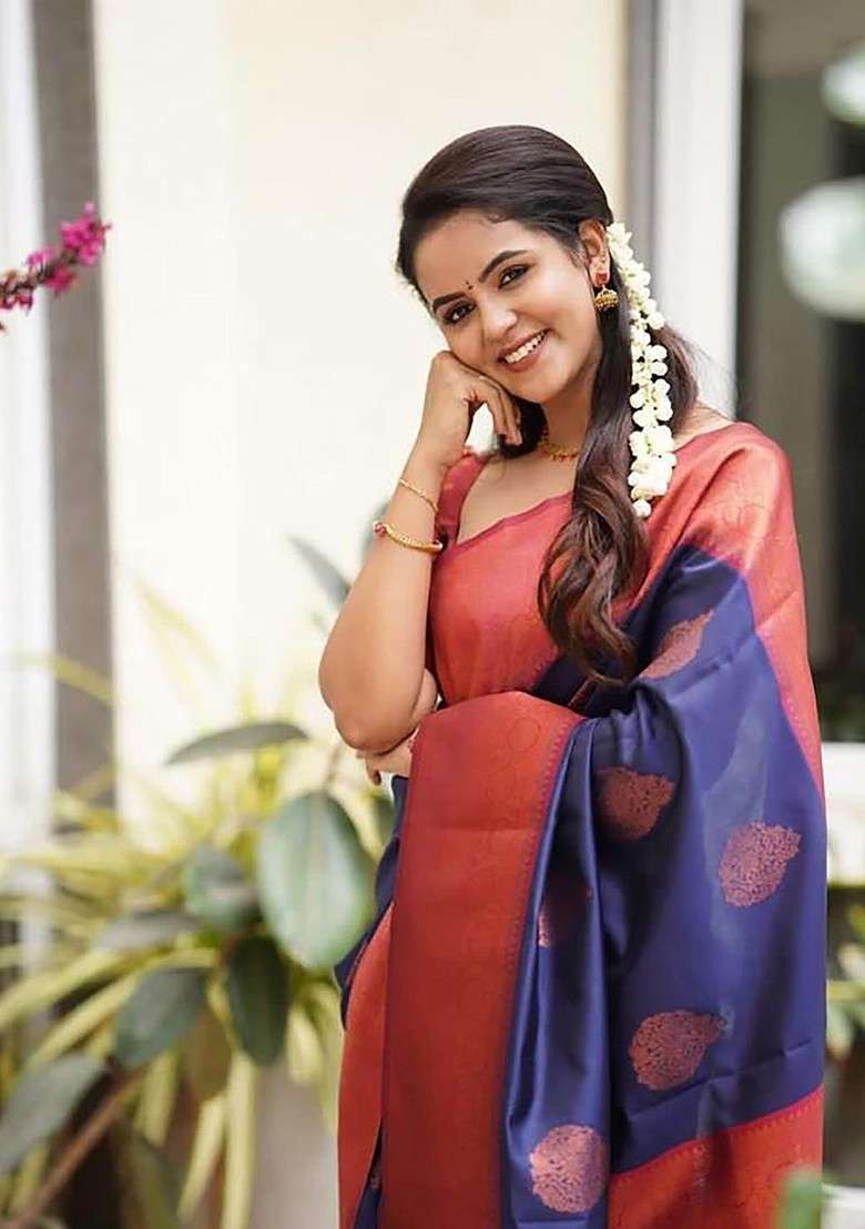 Navy Blue Blended Saree Set with Embroidered for Diwali | Wedding & Festive Wear - Indya
