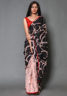 Pink Printed Blended Saree Set