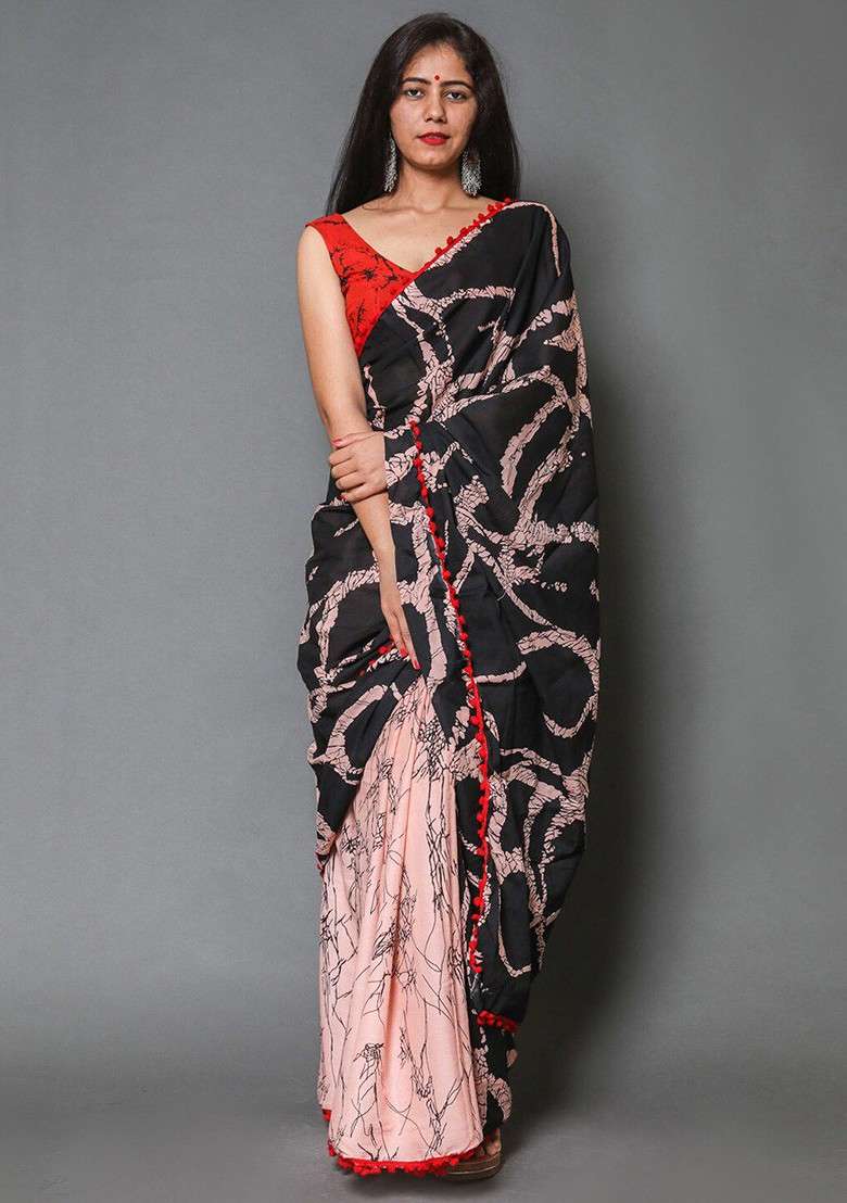 Pink Printed Blended Saree Set - Indya