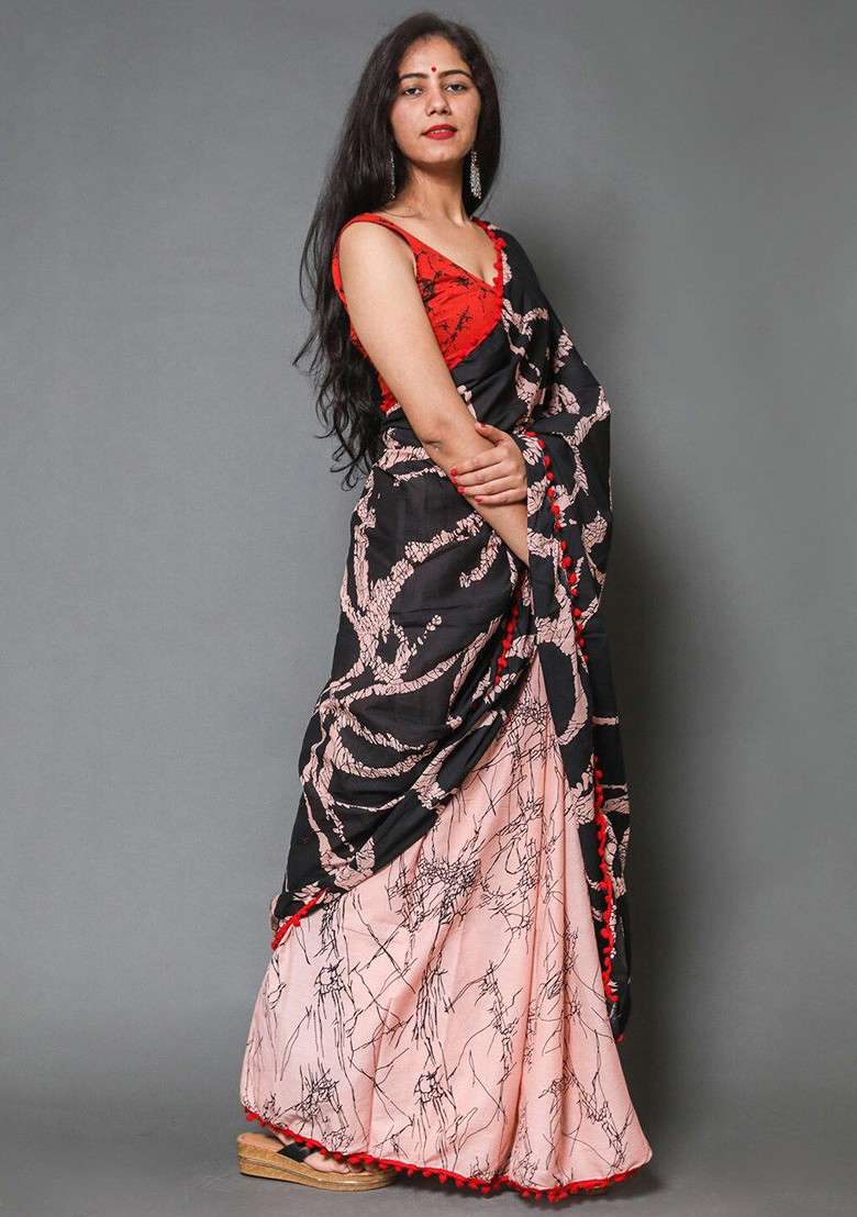 Pink Printed Blended Saree Set - Indya