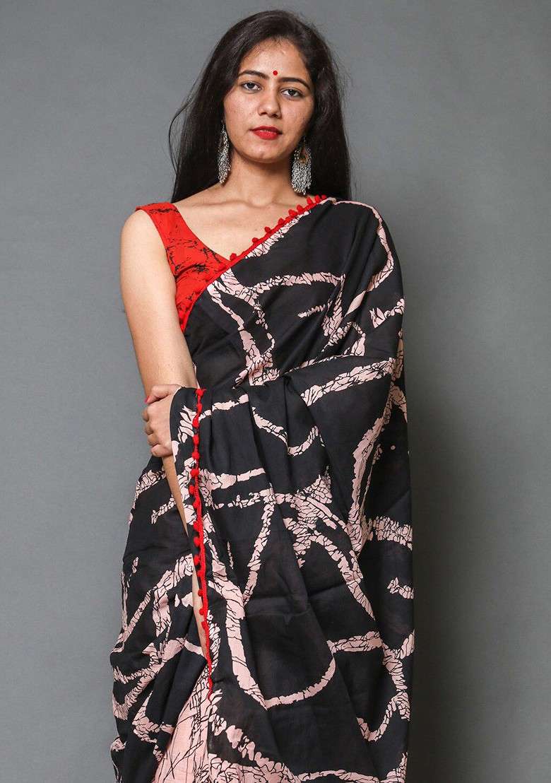 Pink Printed Blended Saree Set - Indya