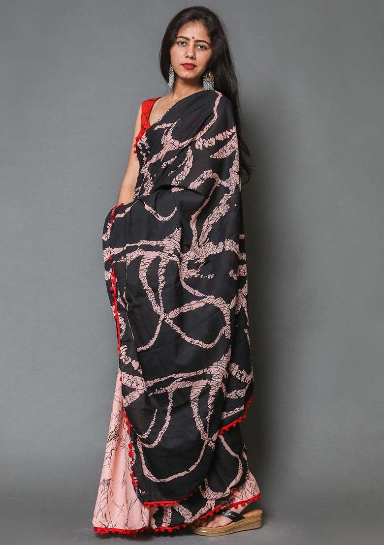 Pink Printed Blended Saree Set - Indya
