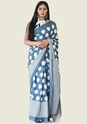 Grey Printed Blended Saree Set