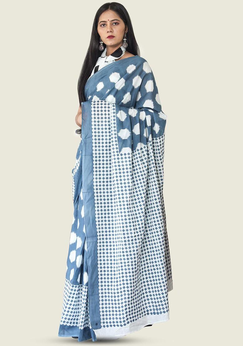 Grey Printed Blended Saree Set - Indya