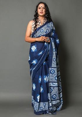 Navy Blue Printed Blended Saree Set