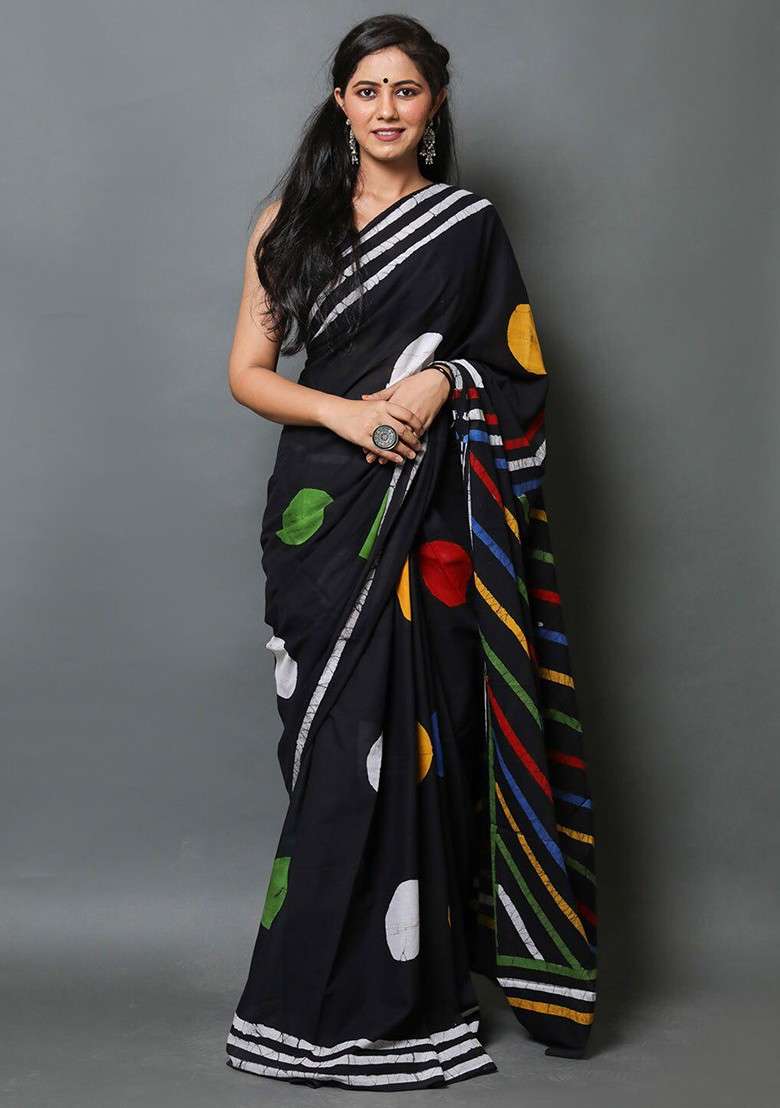 Black Printed Blended Saree Set - Indya
