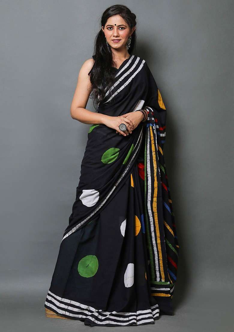 Black Printed Blended Saree Set - Indya