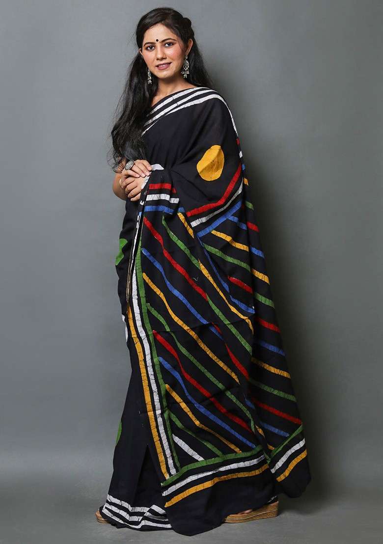 Black Printed Blended Saree Set - Indya