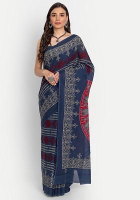 Navy Blue Printed Blended Saree Set