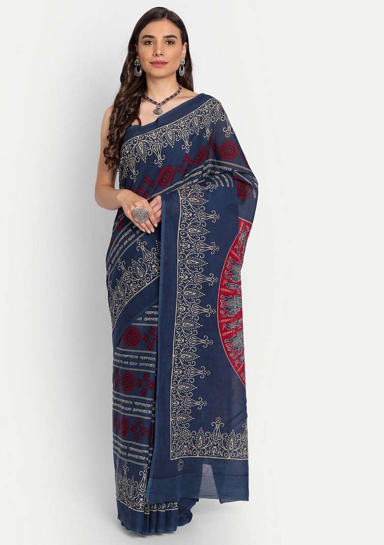 Navy Blue Printed Blended Saree Set - Indya