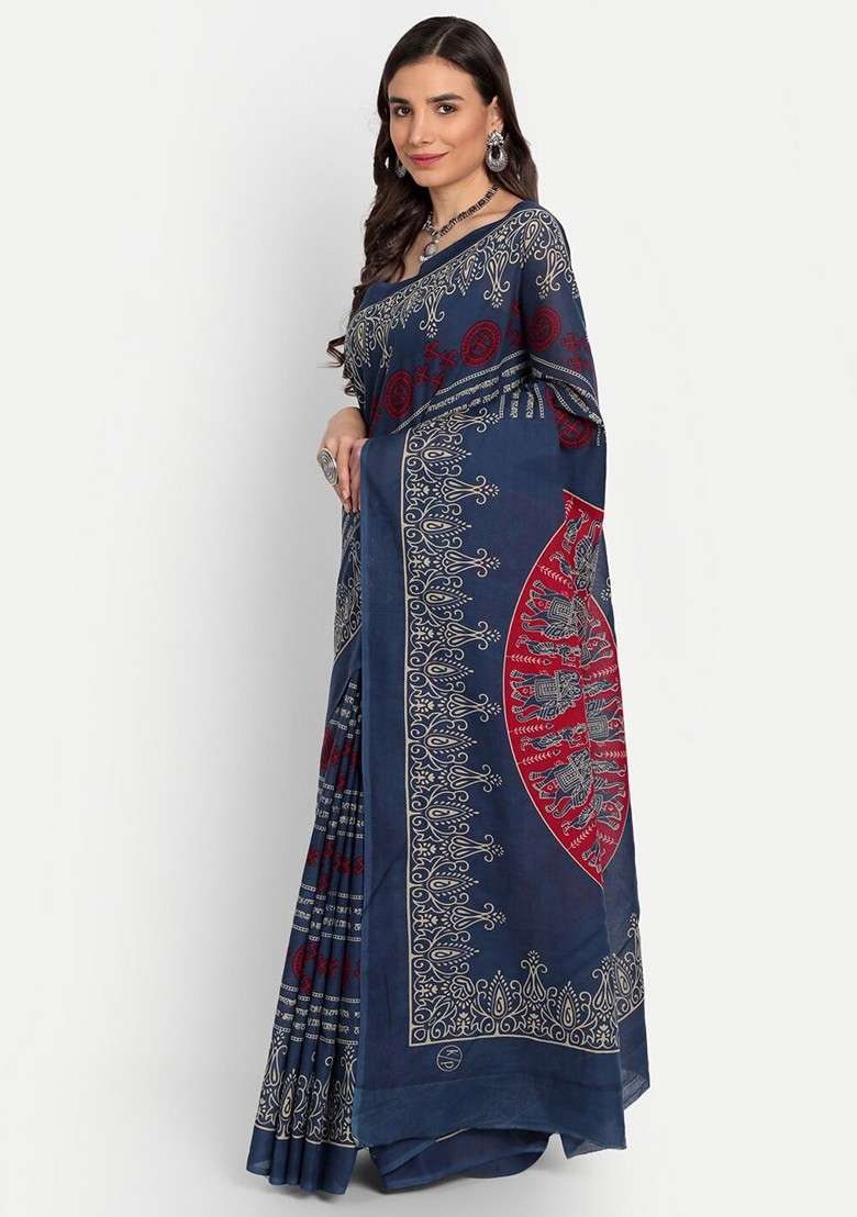 Navy Blue Printed Blended Saree Set - Indya