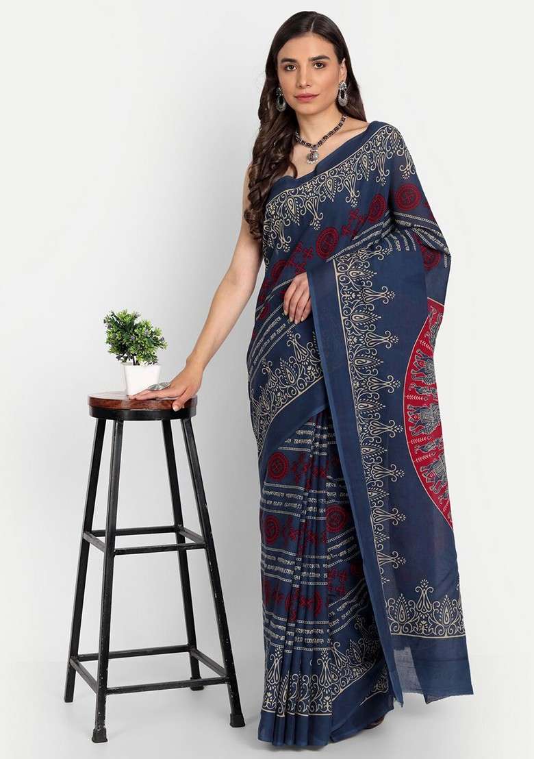 Navy Blue Printed Blended Saree Set - Indya