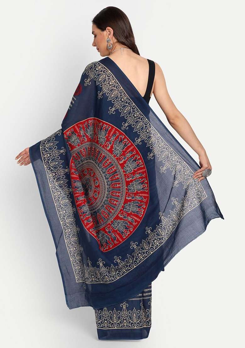 Navy Blue Printed Blended Saree Set - Indya