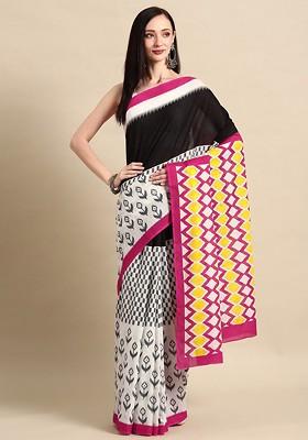 White Printed Blended Saree Set