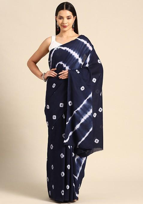 Blue Embroidered Blended Saree Set