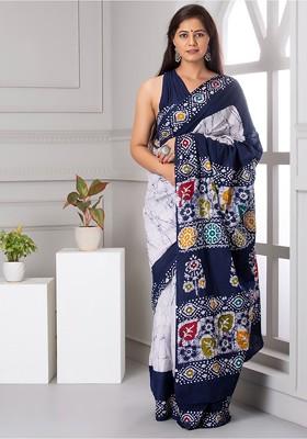 White Printed Blended Saree Set