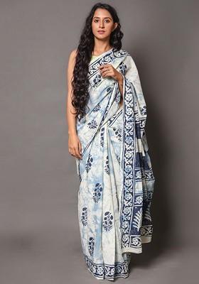 Off White Printed Blended Saree Set
