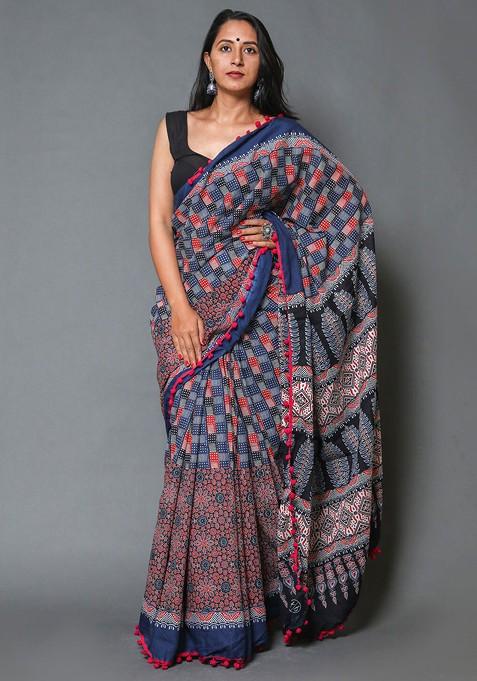 Navy Blue Printed Blended Saree Set