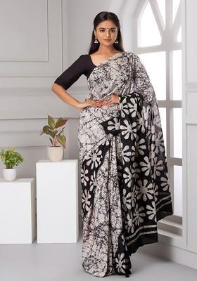 Black Printed Blended Saree Set