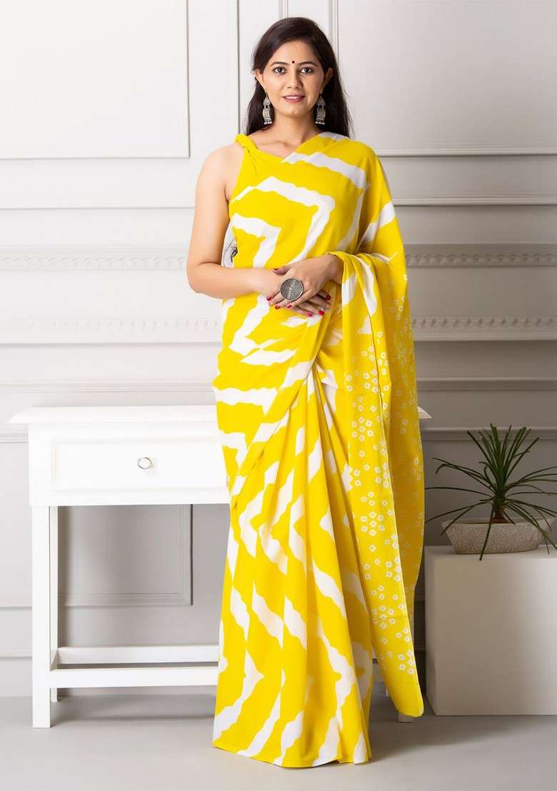 Yellow Embroidered Blended Saree Set - Indya