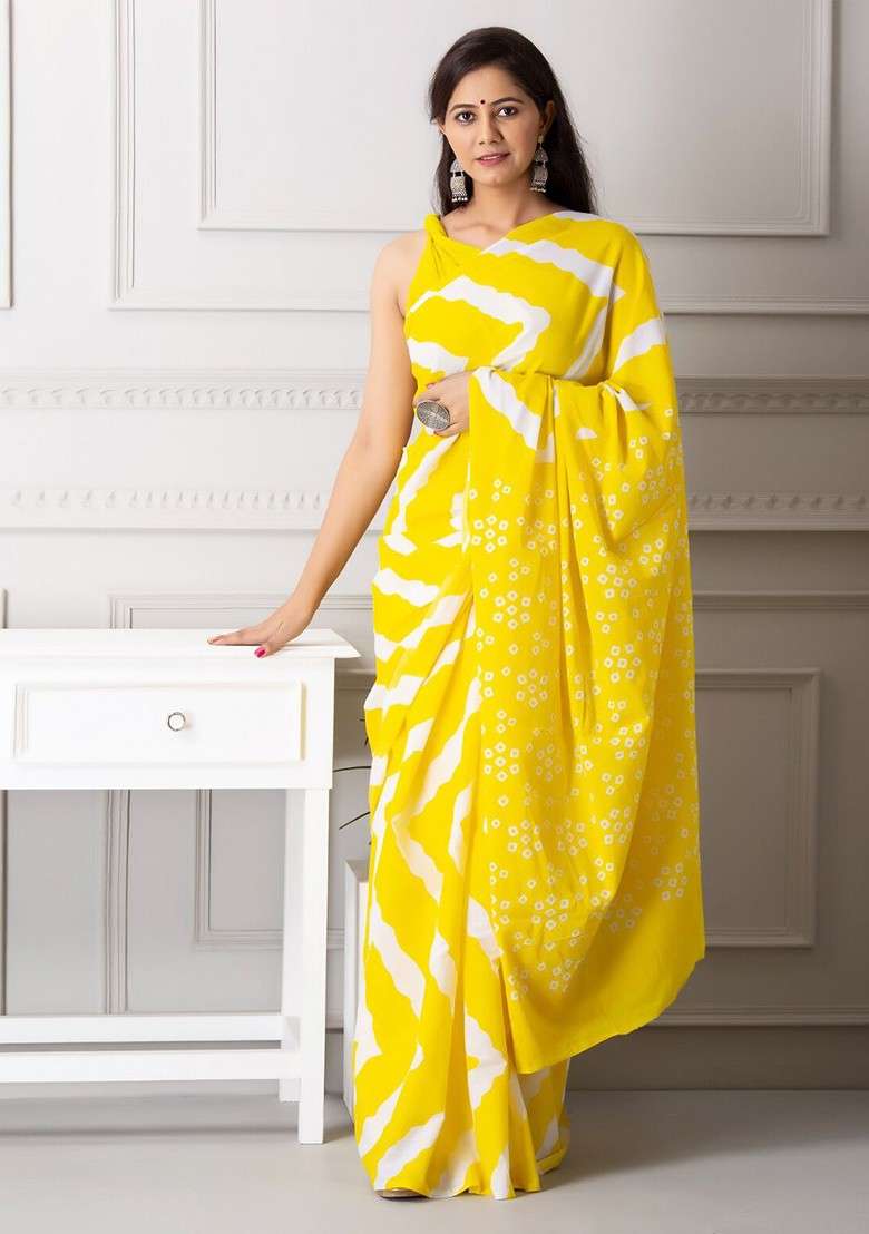 Yellow Embroidered Blended Saree Set - Indya