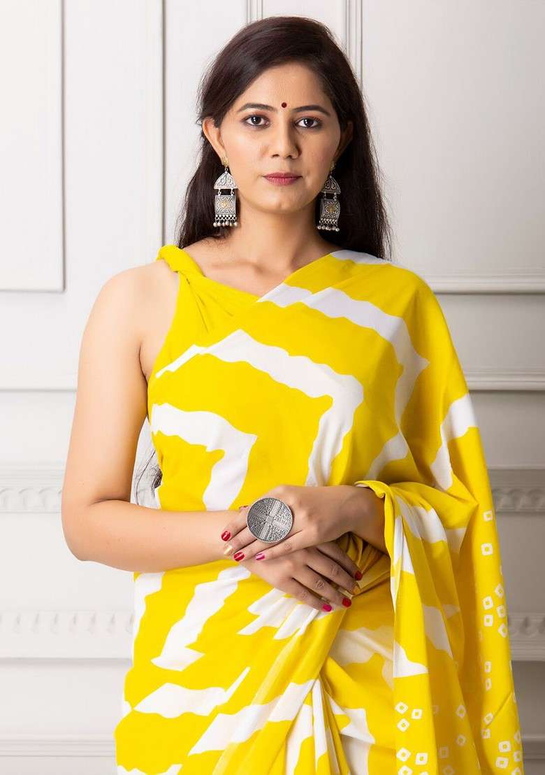 Yellow Embroidered Blended Saree Set - Indya