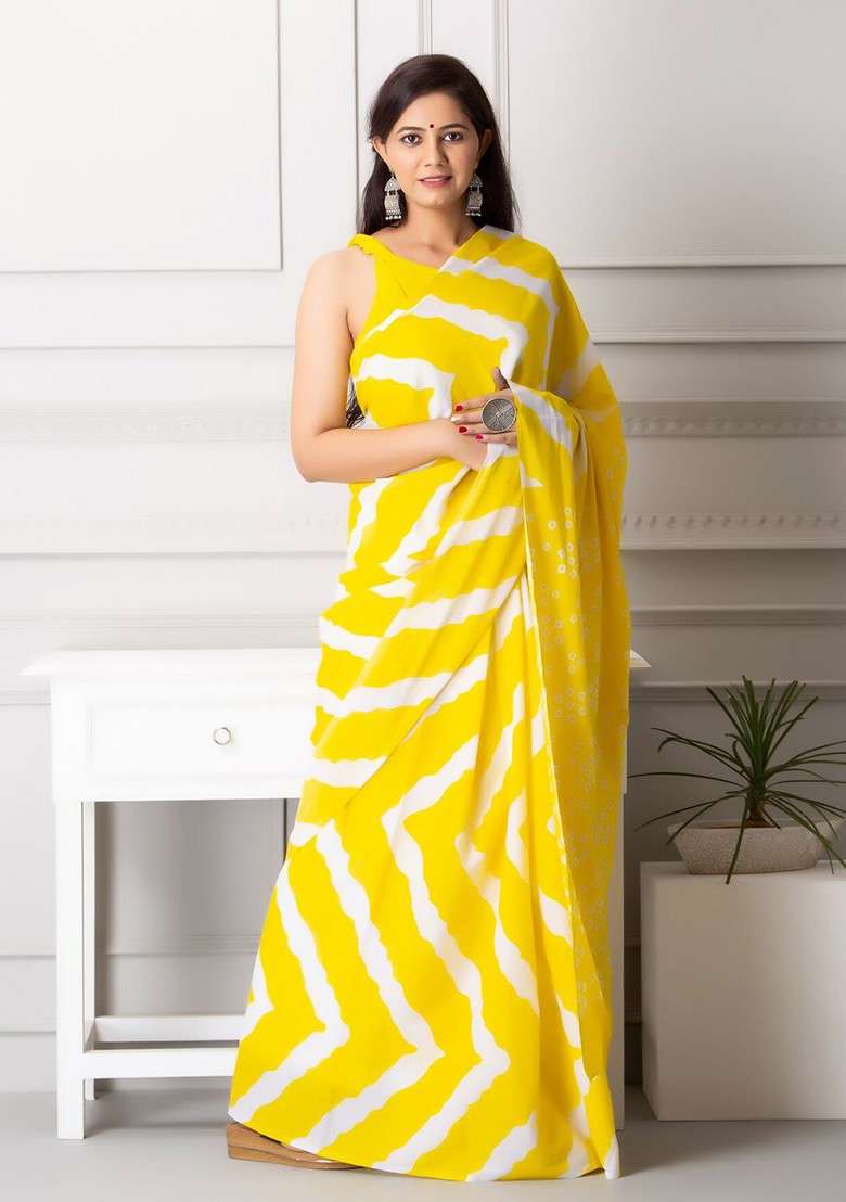 Yellow Embroidered Blended Saree Set - Indya