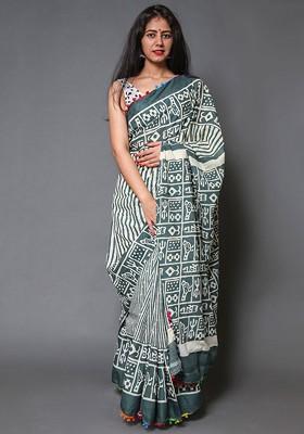Green Printed Blended Saree Set
