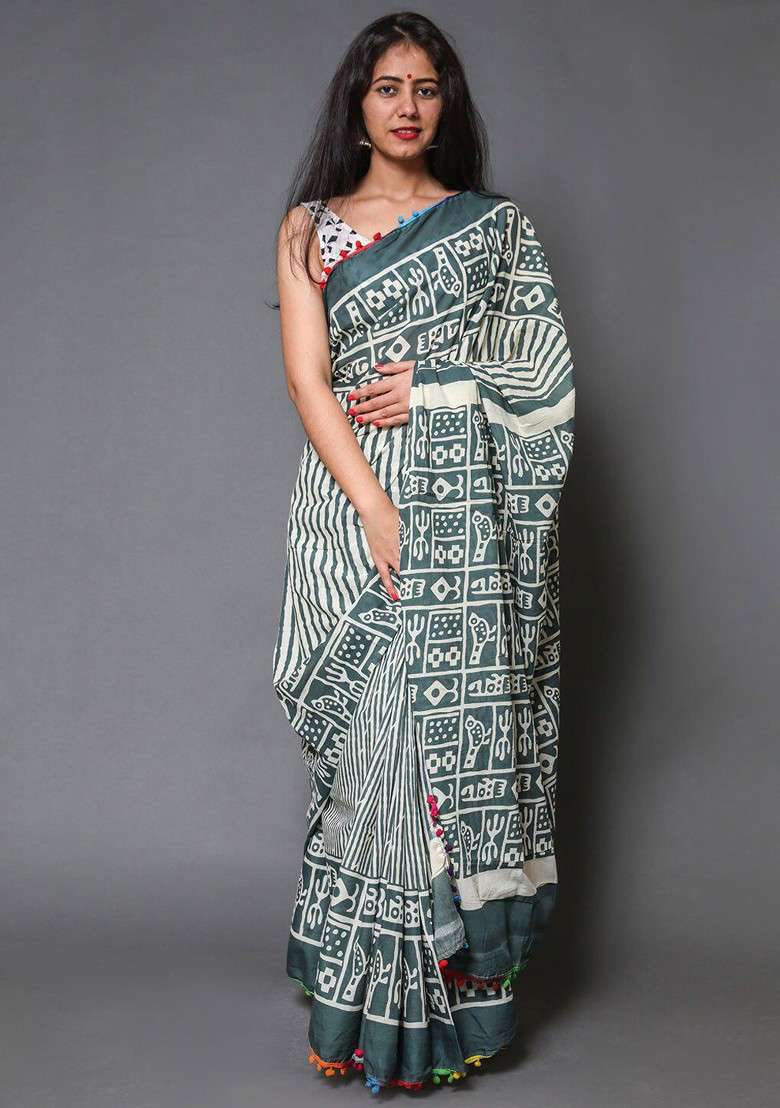 Green Printed Blended Saree Set - Indya