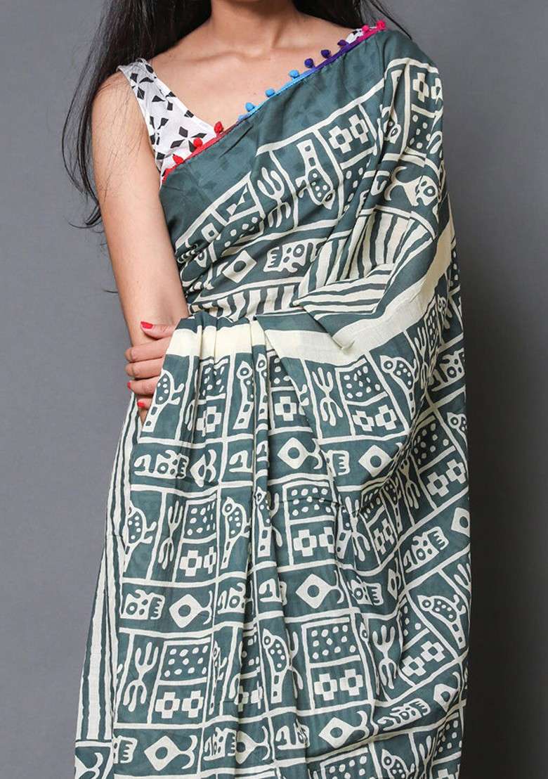 Green Printed Blended Saree Set - Indya