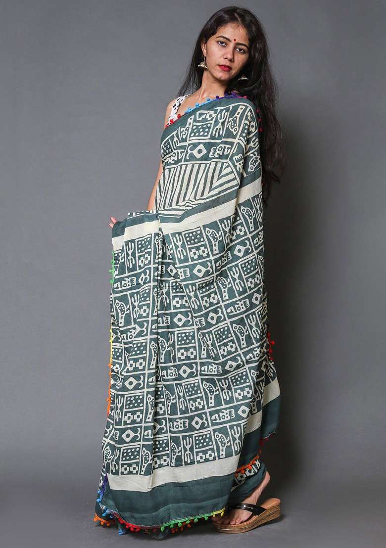 Green Printed Blended Saree Set - Indya