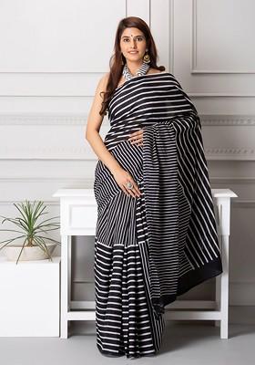 Black Embroidered Blended Saree Set