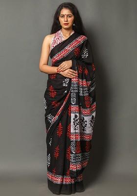 Black Embroidered Blended Saree Set
