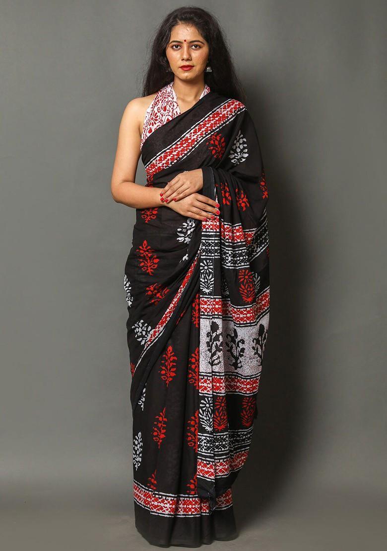 Black Embroidered Blended Saree Set - Indya