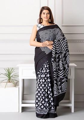 Black Embroidered Blended Saree Set