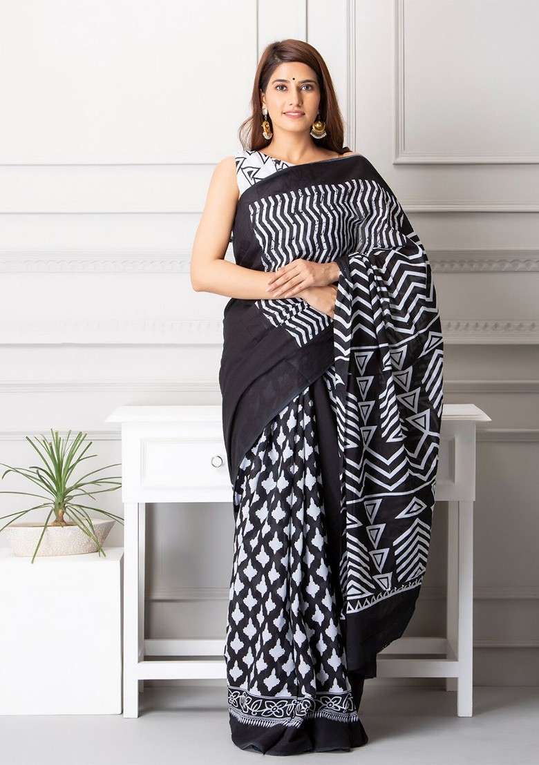 Black Embroidered Blended Saree Set - Indya