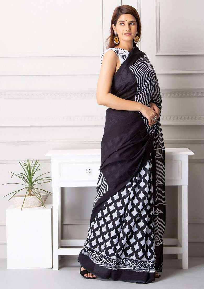 Black Embroidered Blended Saree Set - Indya
