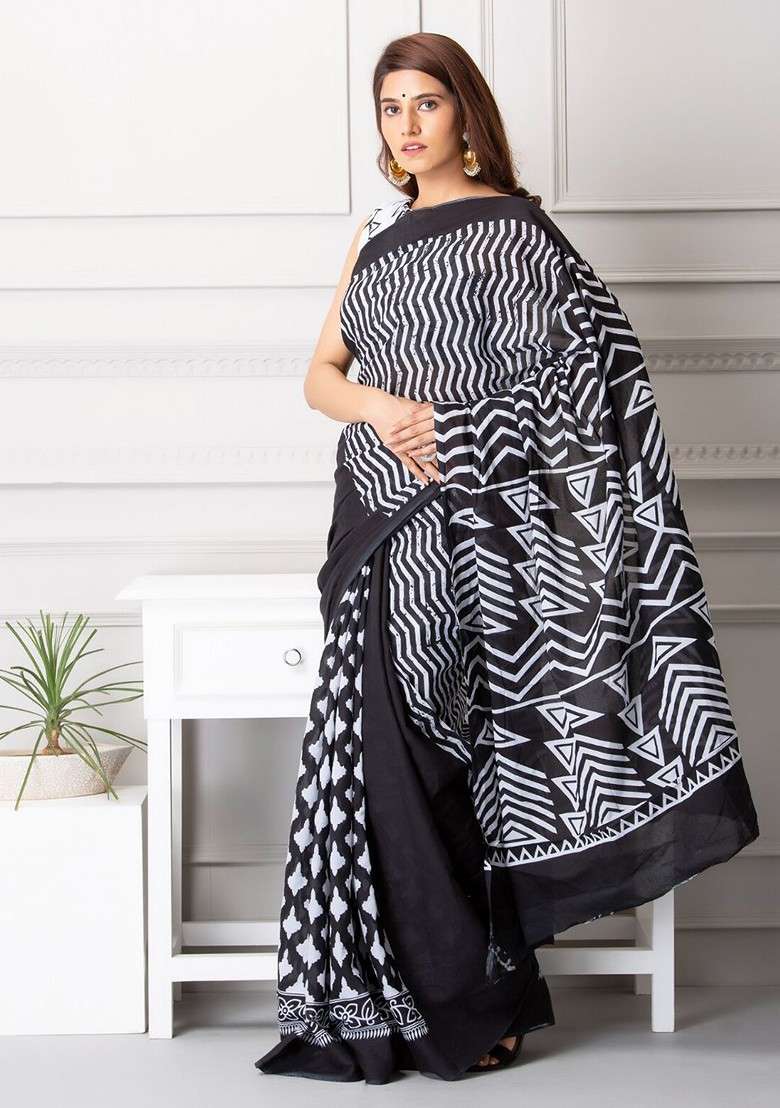 Black Embroidered Blended Saree Set - Indya