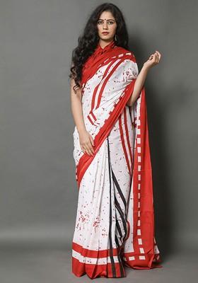 Red Printed Blended Saree Set