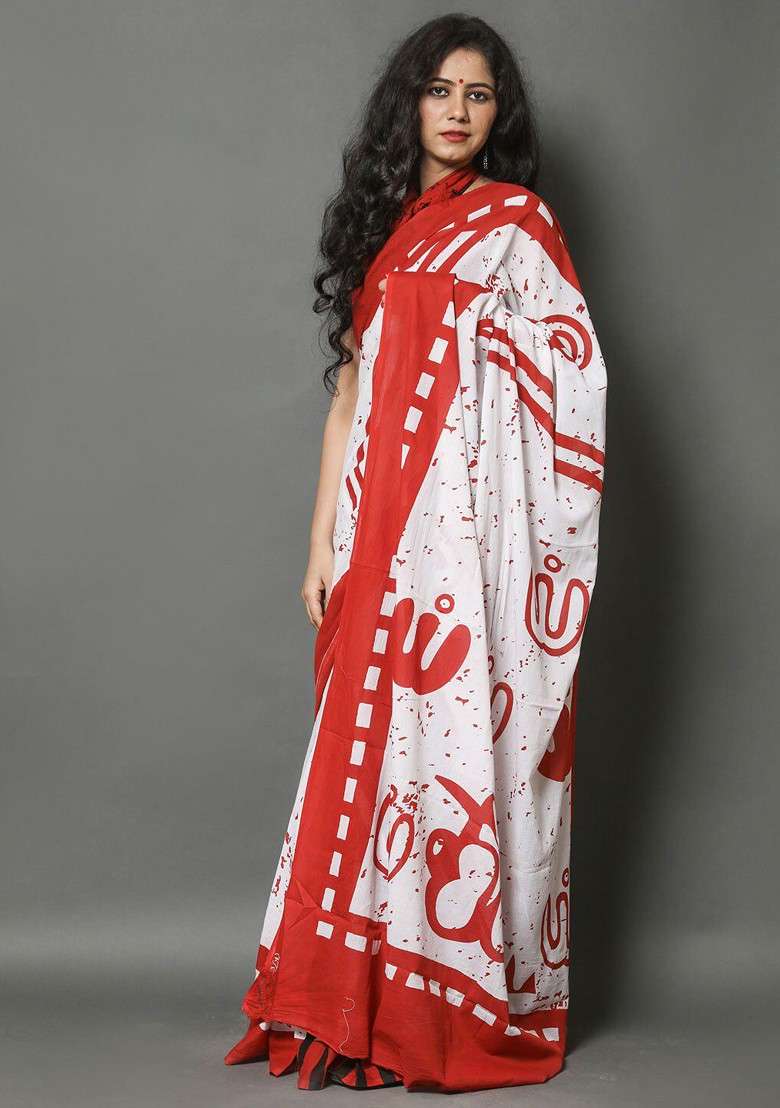 Red Printed Blended Saree Set - Indya